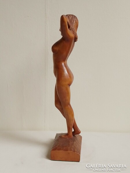 Carved wooden standing female nude statue 36.5 cm, based on the statue of Gyula Maugsch, lux elek copper plaque on the base