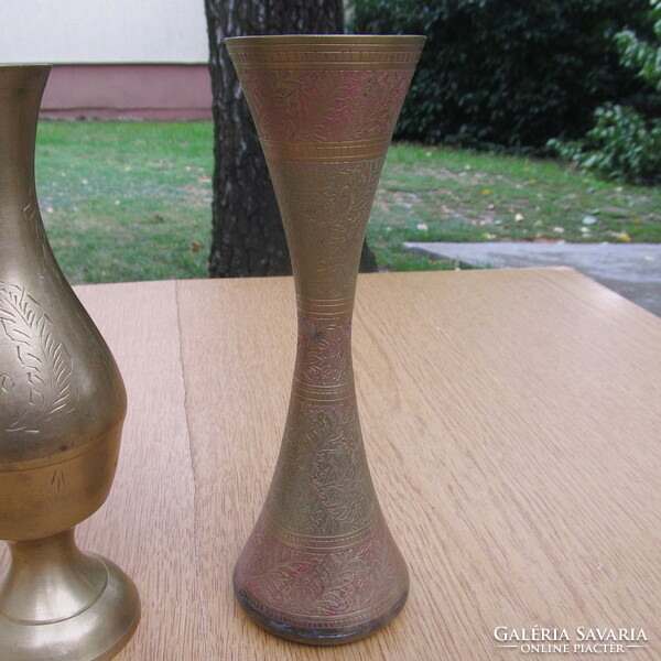 Engraved, painted copper vase (16 - 21 - 22 cm.)