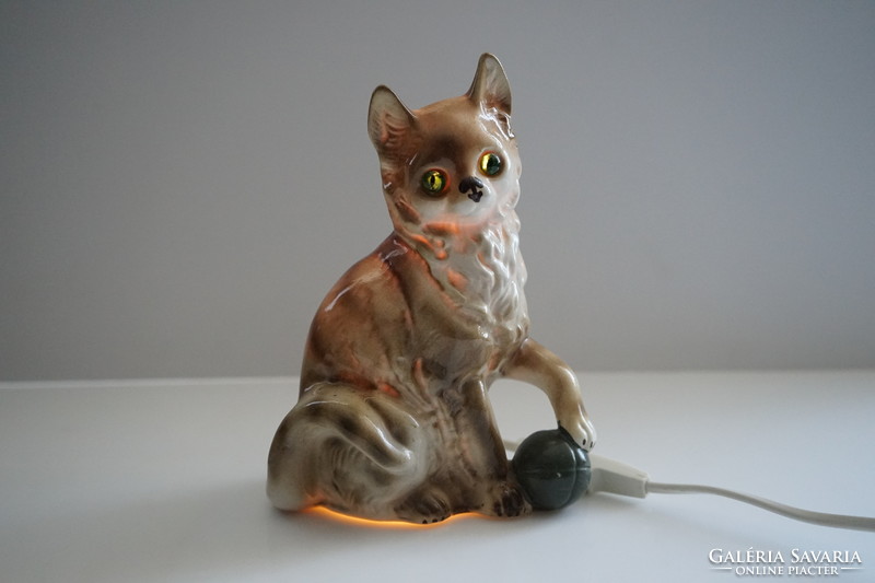 Old ceramic cat lamp / glass eyes light up / retro