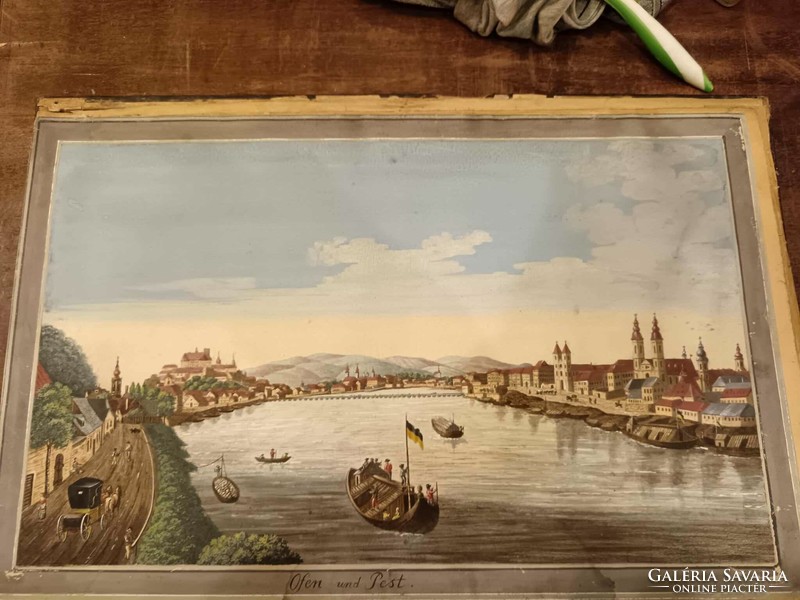 Ofen und pest, early 19th century watercolor, on the back is a ségno and Bava serial number, buda and pest