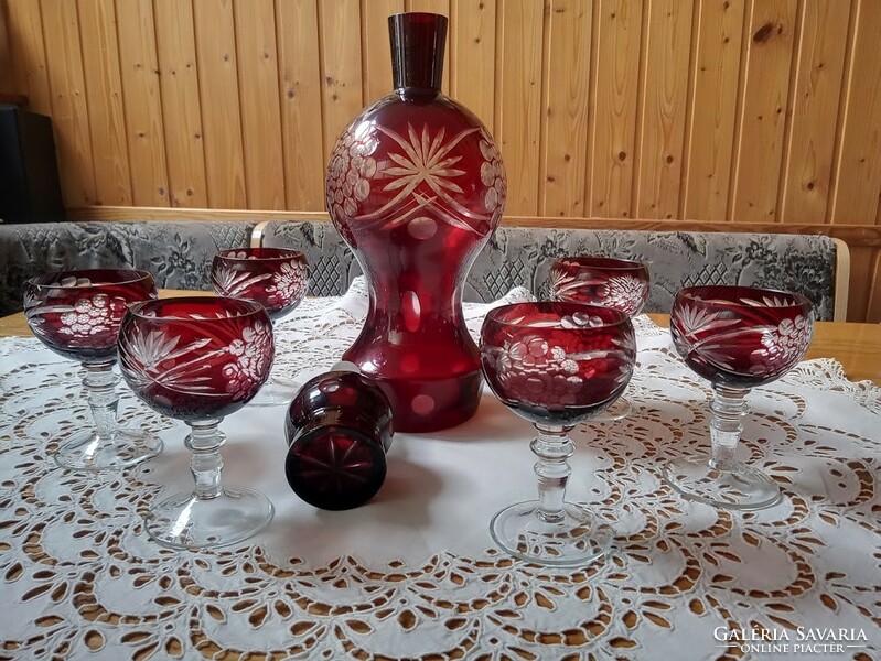 Burgundy lead crystal glass set + bottle complete + vase (2 products)