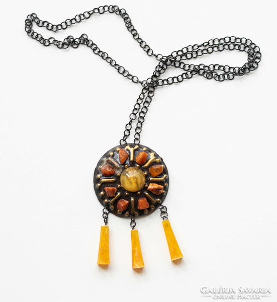 Retro amber stone jewelry - craftsman / goldsmith necklace and brooch in one