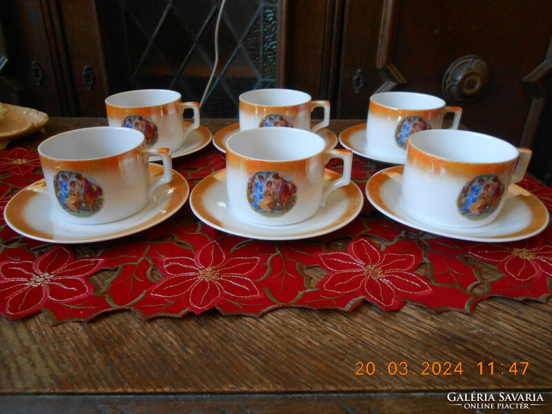 Zsolnay antique scenic, luster-glazed tea cup, 6 pcs