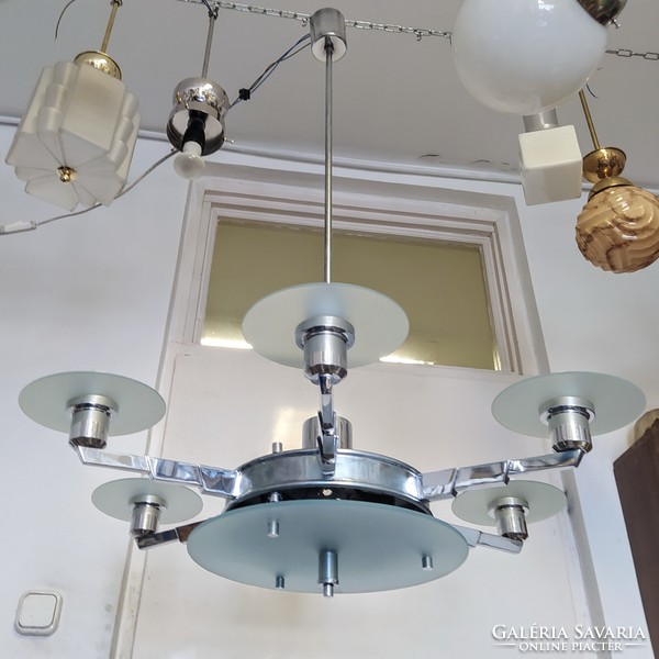 Streamline - art deco 6 + 2-burner chandelier renovated - stained glass discs - lampart