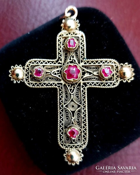 Golden cross with rubies, filigree work, Hungarian hallmark