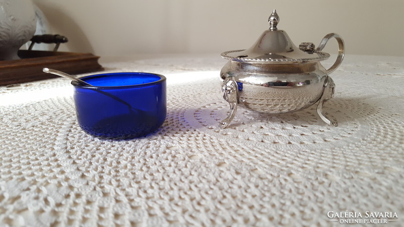 English Arthur Price silver-plated mustard with blue glass insert, caviar holder