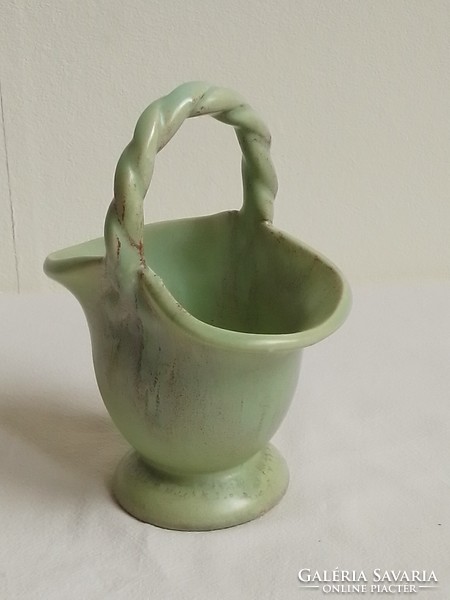 Antique Old Art Deco Drizzled Celadon Glazed Wicker Handle Earthenware Ceramic Basket Easter Decoration