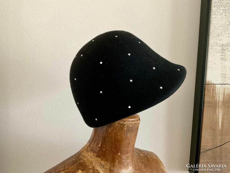 Italian riding style, black women's hat decorated with rhinestones, extra piece!