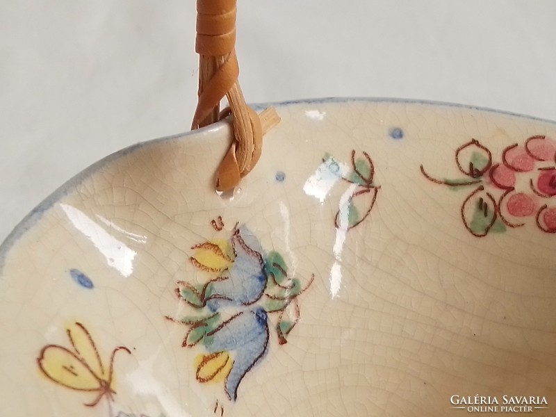 Old glazed porcelain basket flower pattern with twisted bamboo handle, Easter decoration, display case