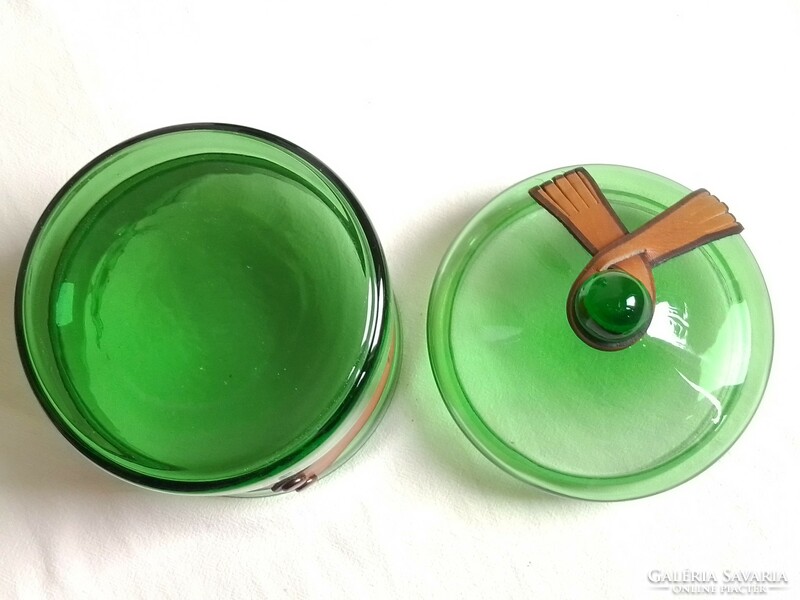Különleges régi zöld asztali italos kínáló készlet, kétszemélyes, dekoratív bőr pánt díszítés