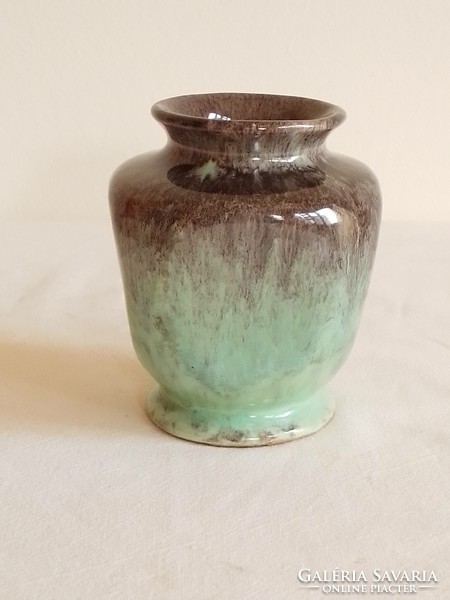 Antik régi art deco csurgatott mázas szögletes fajansz kerámia ibolyás mini váza celadon mázas