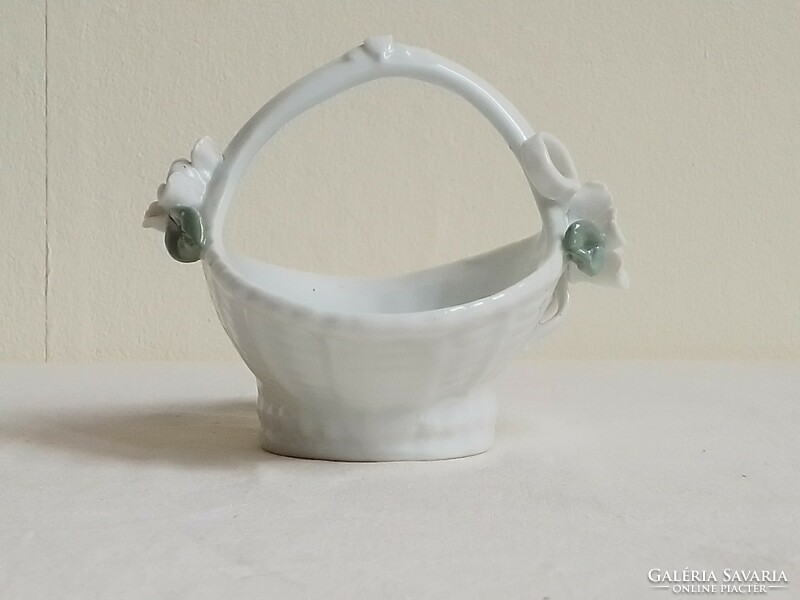 Antique old white glazed porcelain basket with handles flower and bow ornament Easter decoration display case nipp