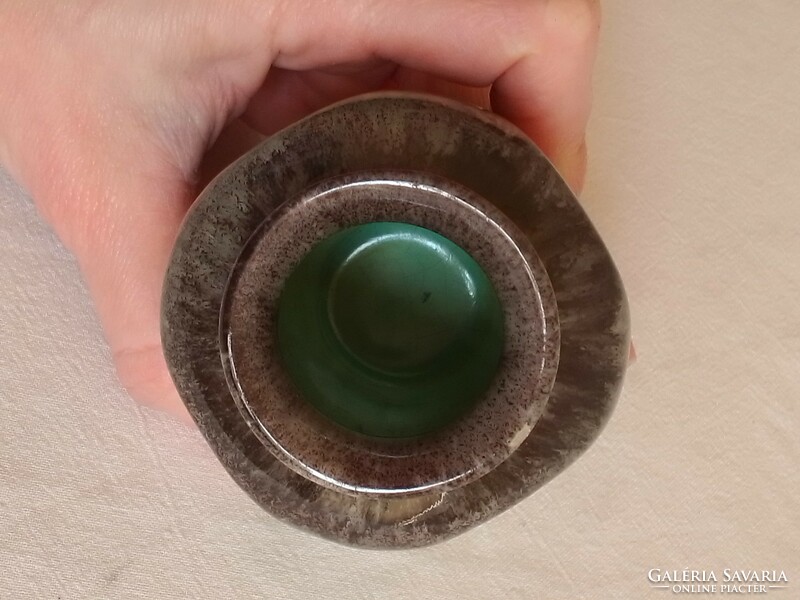Antik régi art deco csurgatott mázas szögletes fajansz kerámia ibolyás mini váza celadon mázas