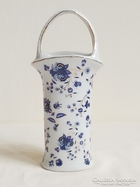 Old white-glazed porcelain basket with wicker handle, oriental blue gold flower pattern, special shape nipp