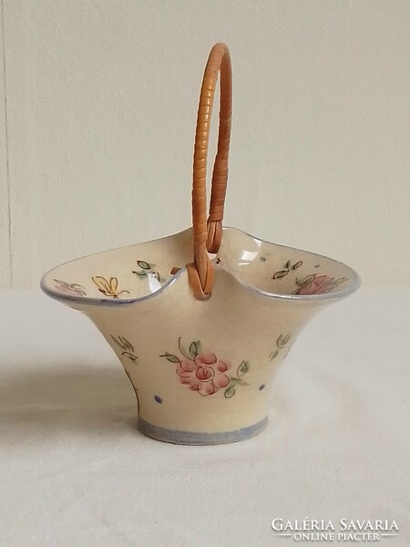 Old glazed porcelain basket flower pattern with twisted bamboo handle, Easter decoration, display case