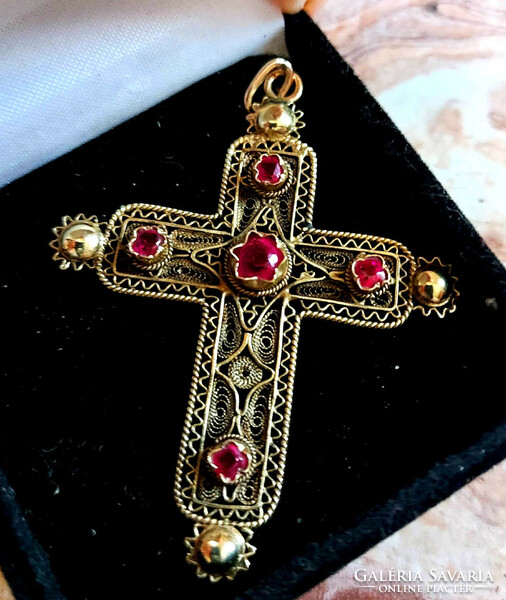 Golden cross with rubies, filigree work, Hungarian hallmark