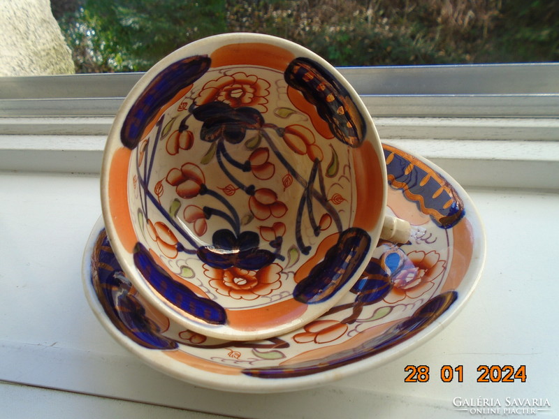 19.sz WELSH GAUDY angol kézzel festett látványos óarany és  Imari virágmintás teás csésze alátéttel
