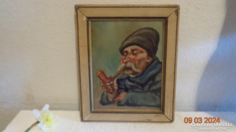 Horváth G. festmény ,  Az öreg pipás , fa lapra festve 20 x 27 cm , rámával  26 x 32 cm