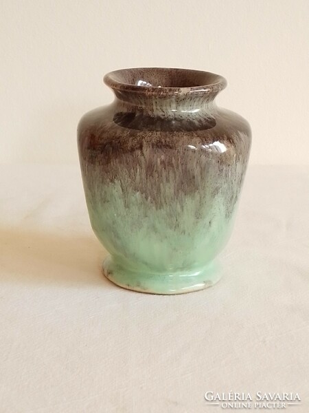 Antique old art deco trickled glazed square earthenware ceramic violet mini vase celadon glazed