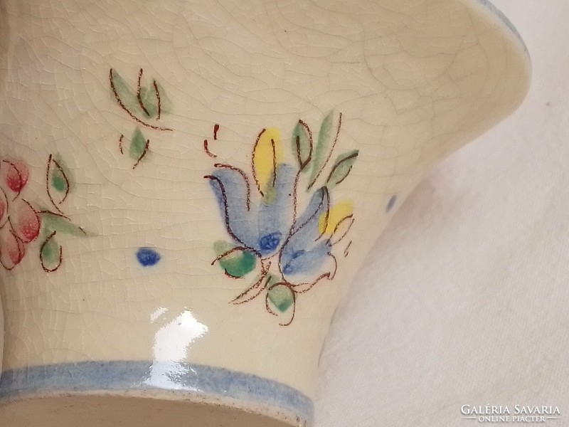 Old glazed porcelain basket flower pattern with twisted bamboo handle, Easter decoration, display case