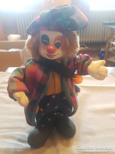 Cute clown doll with a porcelain head, 22 cm tall, perfect condition