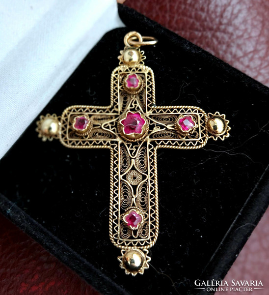 Golden cross with rubies, filigree work, Hungarian hallmark