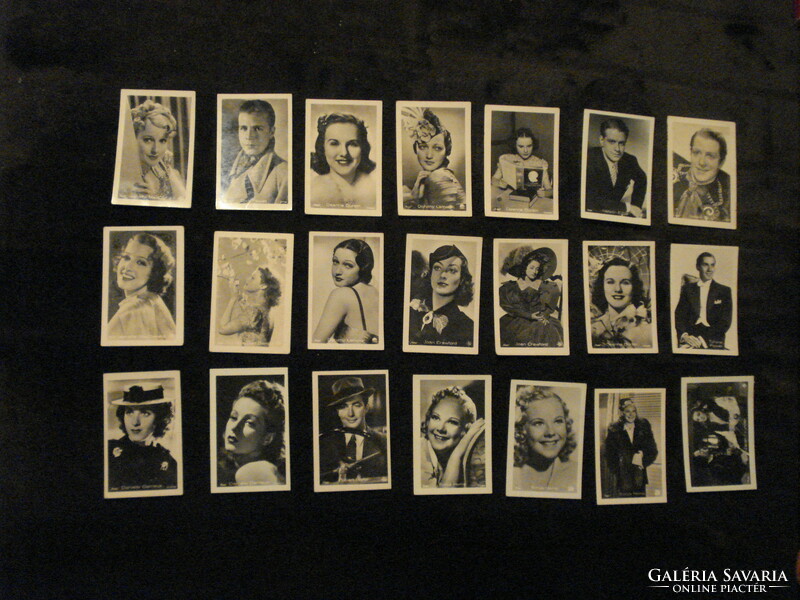 21 db világsztárok kis méretű fotó Deanna Durbin, Sonja Henie, Joan Crawford stb.