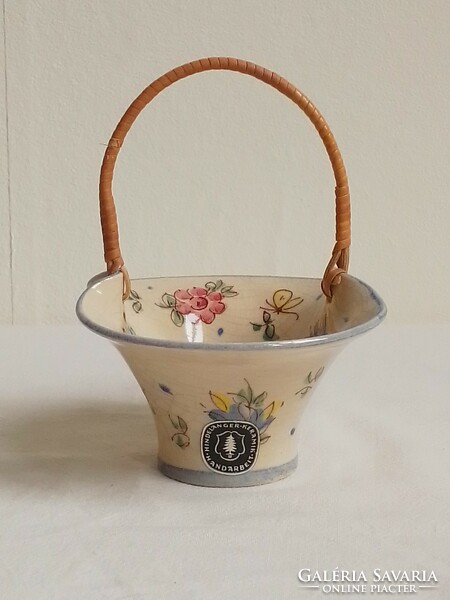 Old glazed porcelain basket flower pattern with twisted bamboo handle, Easter decoration, display case