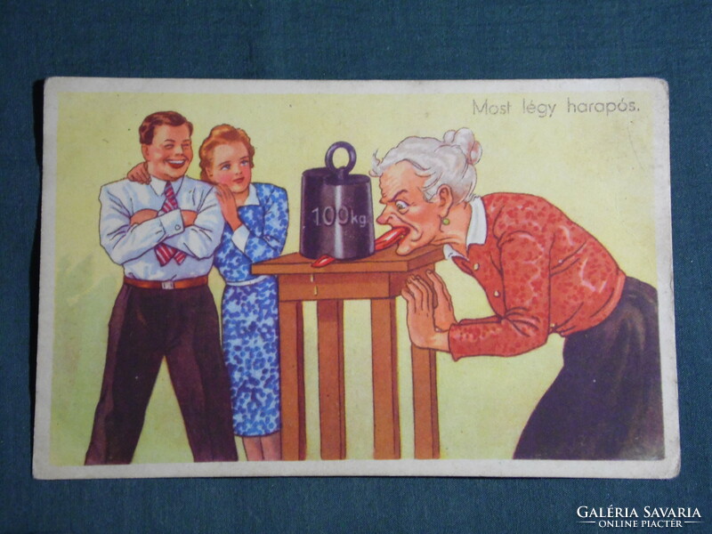 Képeslap, Postcard, artist,humor,móka,kacagás,vicc ,grafikai rajzos, anyós lakat, 1945