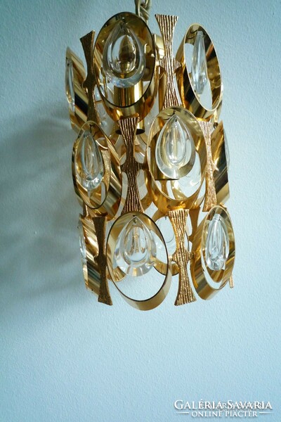 Vintage mid century modern aranyozott Palwa mennyezeti lámpa 60as évek függeszték kristály elemekkel