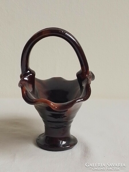 Antique old brown glazed ceramic basket with handles Easter decoration display case nipp