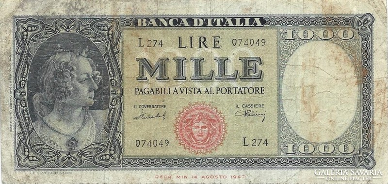 1000 Lira lire 1949 Italy signo: Menichella and Urbini rare