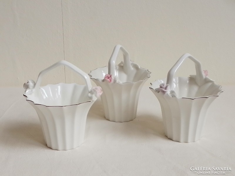 Three antique old white glazed porcelain basket with handles rose ornament Easter decoration marked showcase nipp