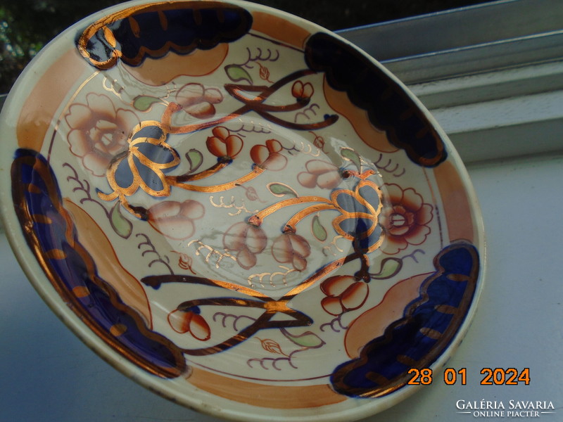 19.sz WELSH GAUDY angol kézzel festett látványos óarany és  Imari virágmintás teás csésze alátéttel