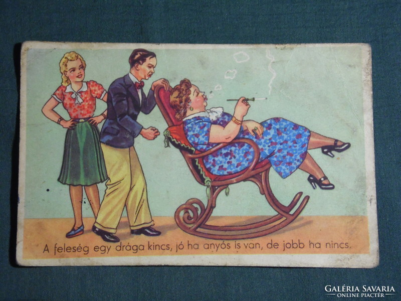 Képeslap, Postcard, artist,humor,móka,kacagás,vicc ,grafikai rajzos, anyós, 1941