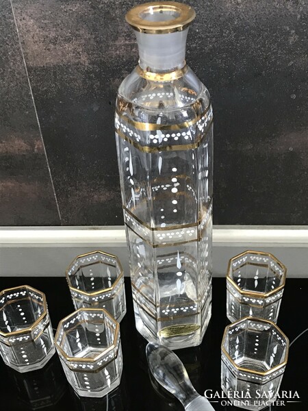 Hand painted liqueur set, hexagonal glass and octagonal glasses