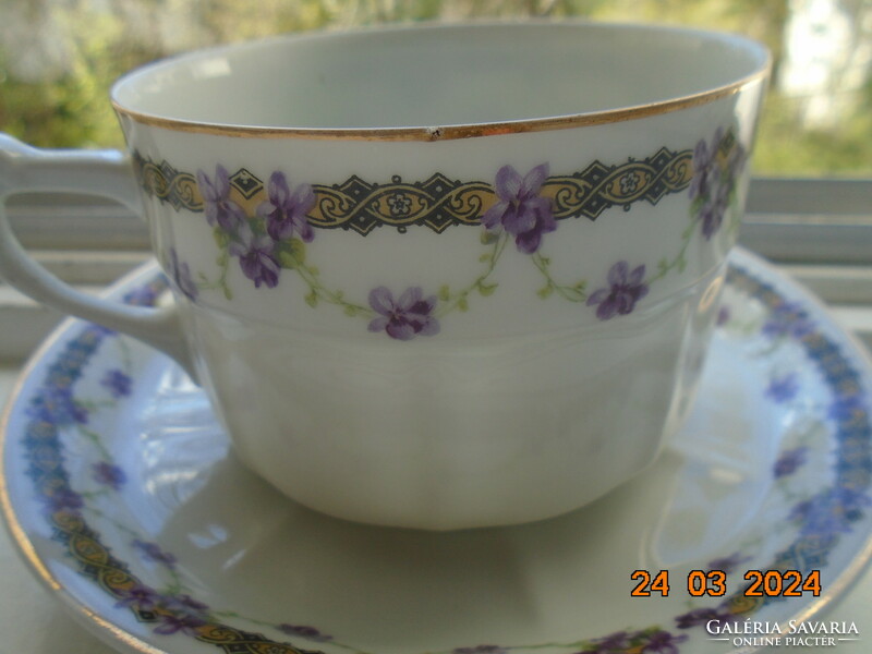 Gebrüder, art nouveau tea cup with violet garland and saucer
