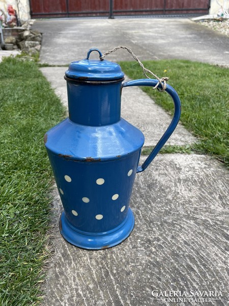 Enameled blue polka dot 2 liter Jászkiséri Ceglédi jug village peasant decoration vintage