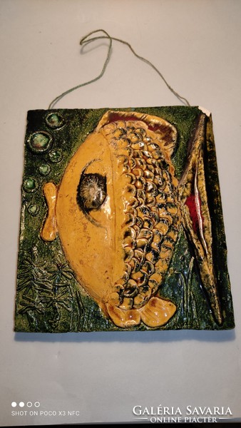 Vintage very rare Papp János ceramic fish figurine samott wall decoration wall picture