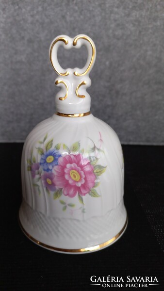 Hollóházi porcelán csengő virágos mintával, jelzett, eredeti, hiányos