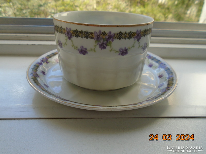 Gebrüder, art nouveau tea cup with violet garland and saucer