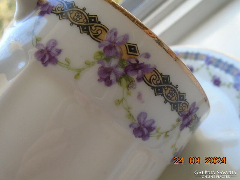 Gebrüder, art nouveau tea cup with violet garland and saucer