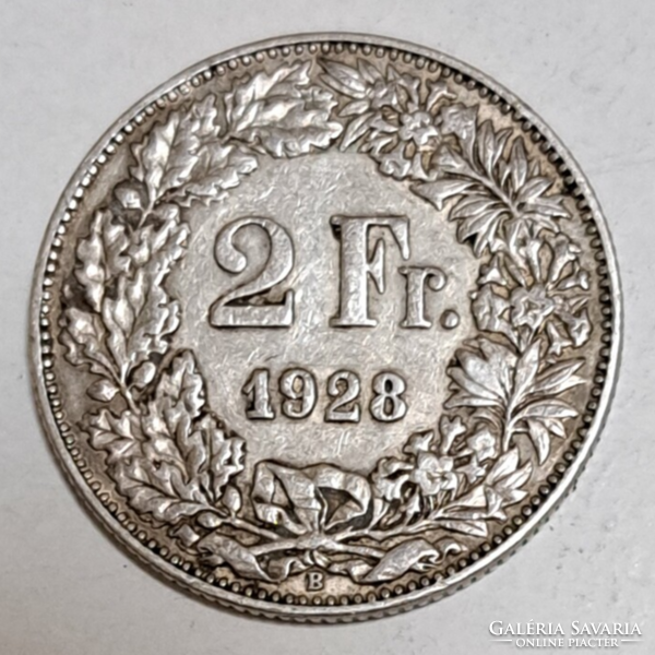 1928. Switzerland 0.835 silver 2 francs only 750 thousand pieces were made. (53)
