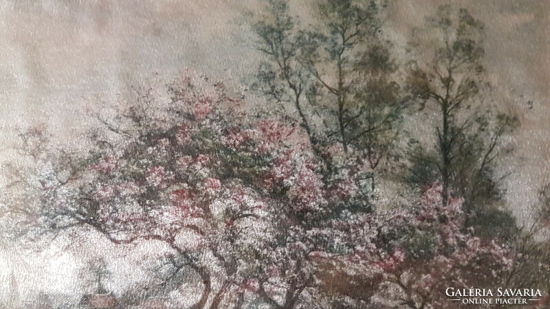 Silk painting, marked, (very old) in a beautiful decorated frame, spring scene, blooming trees