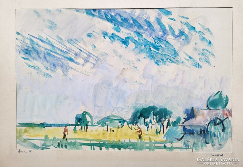 László Óvár (1926 - 1988) rice field c. Watercolor painting with original guarantee !!