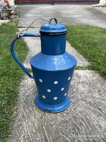 Enameled blue polka dot 2 liter Jászkiséri Ceglédi jug village peasant decoration vintage