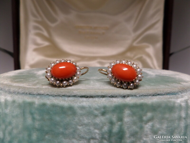 A pair of antique gold earrings with synthetic coral and pearls