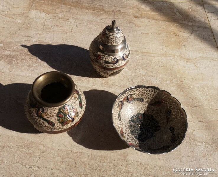 Set of 3 Indian peacock painted copper items