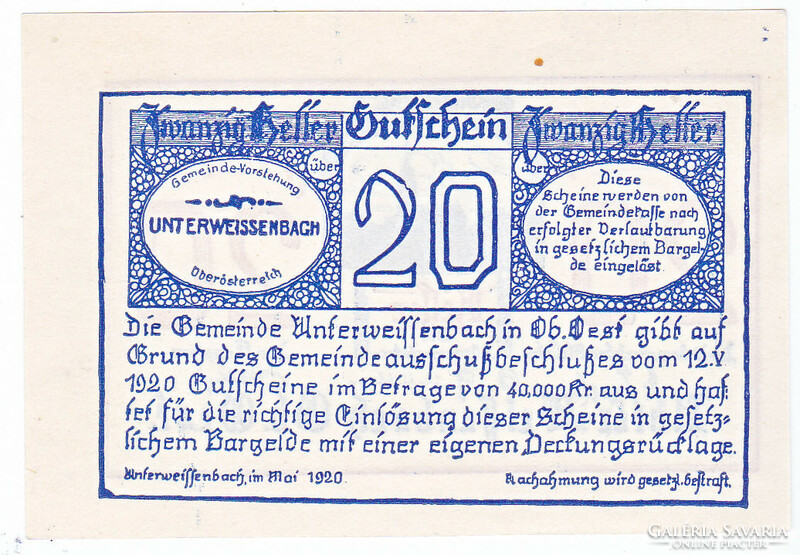 Austrian emergency money 20 heller 1920