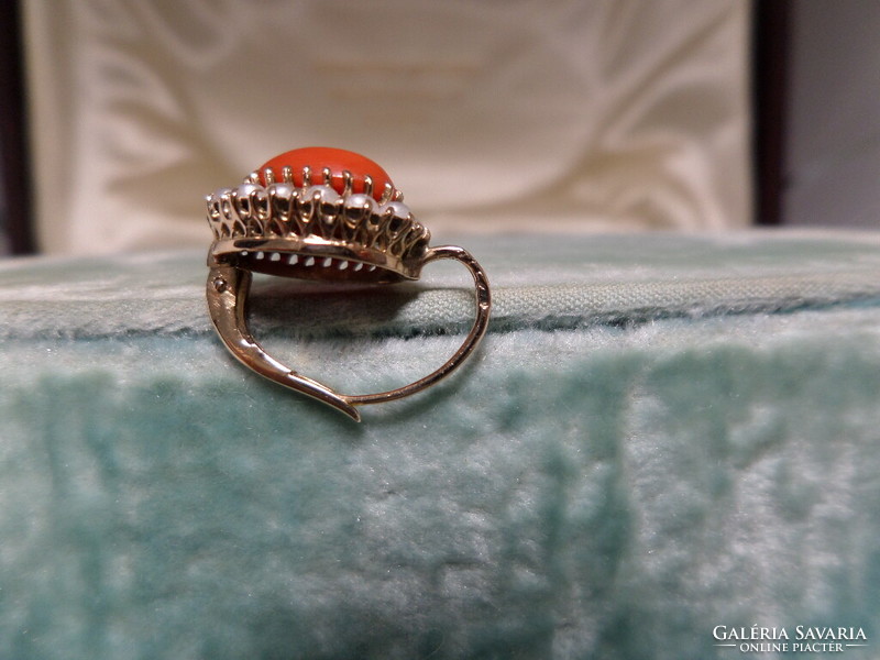 A pair of antique gold earrings with synthetic coral and pearls